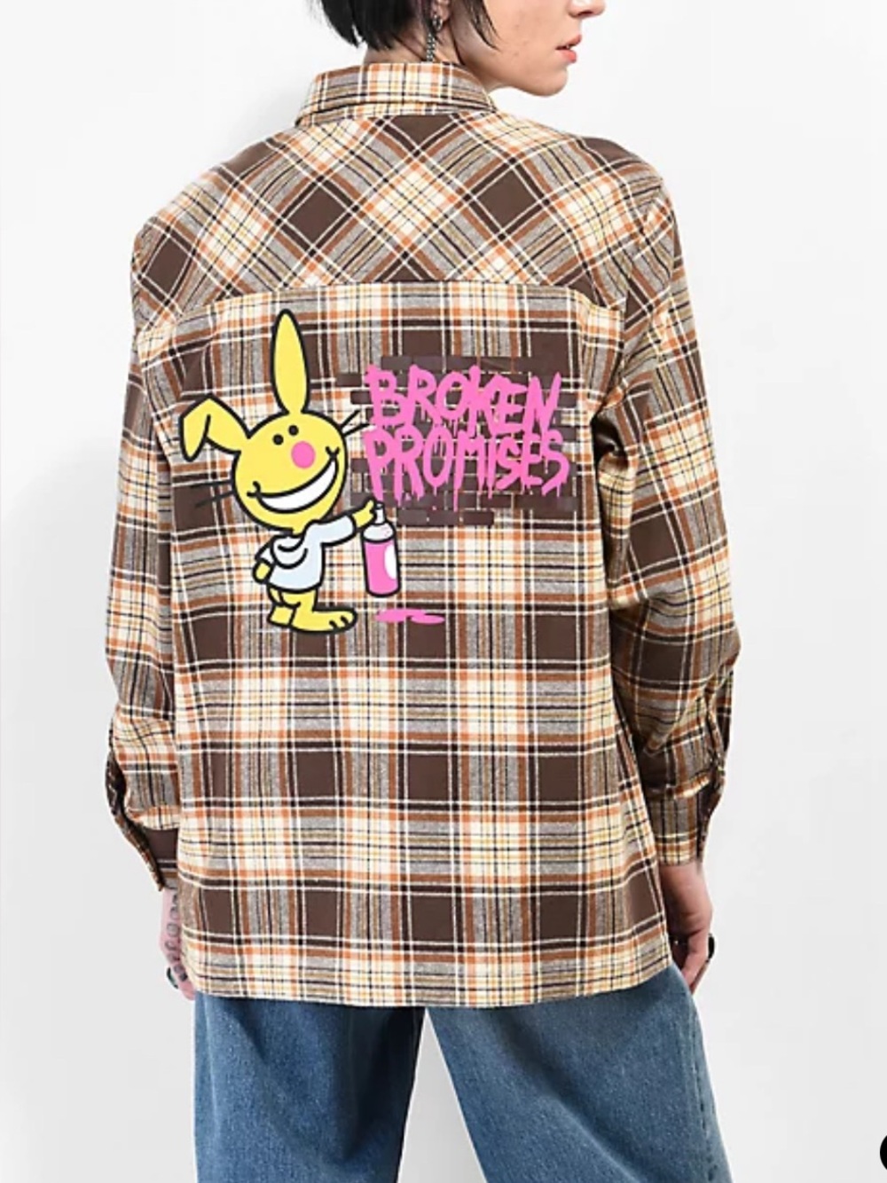 Broken Promises x Happy Bunny graffiti flannel shirt jacket Y2K Streetwear L